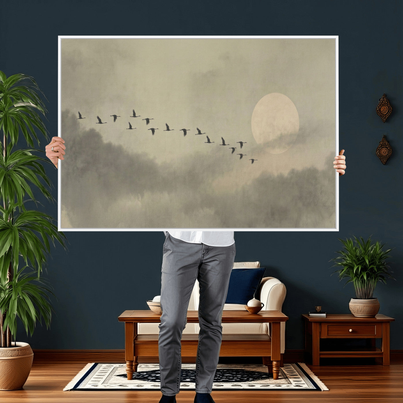 12098149-MGV-CV-36X24 - Flock of Birds Flying to Full Moon Wall Art Canvas Print - Vintage Surreal Clouds Painting