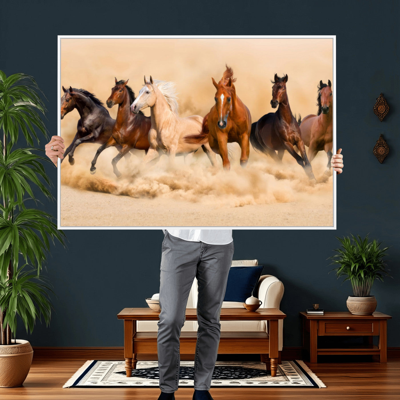 90610949-MGV-CV-36X24 - Herd of Six Wild Horses Galloping in Dust Storm Wall Art Canvas Print - Majestic Wildlife Decor