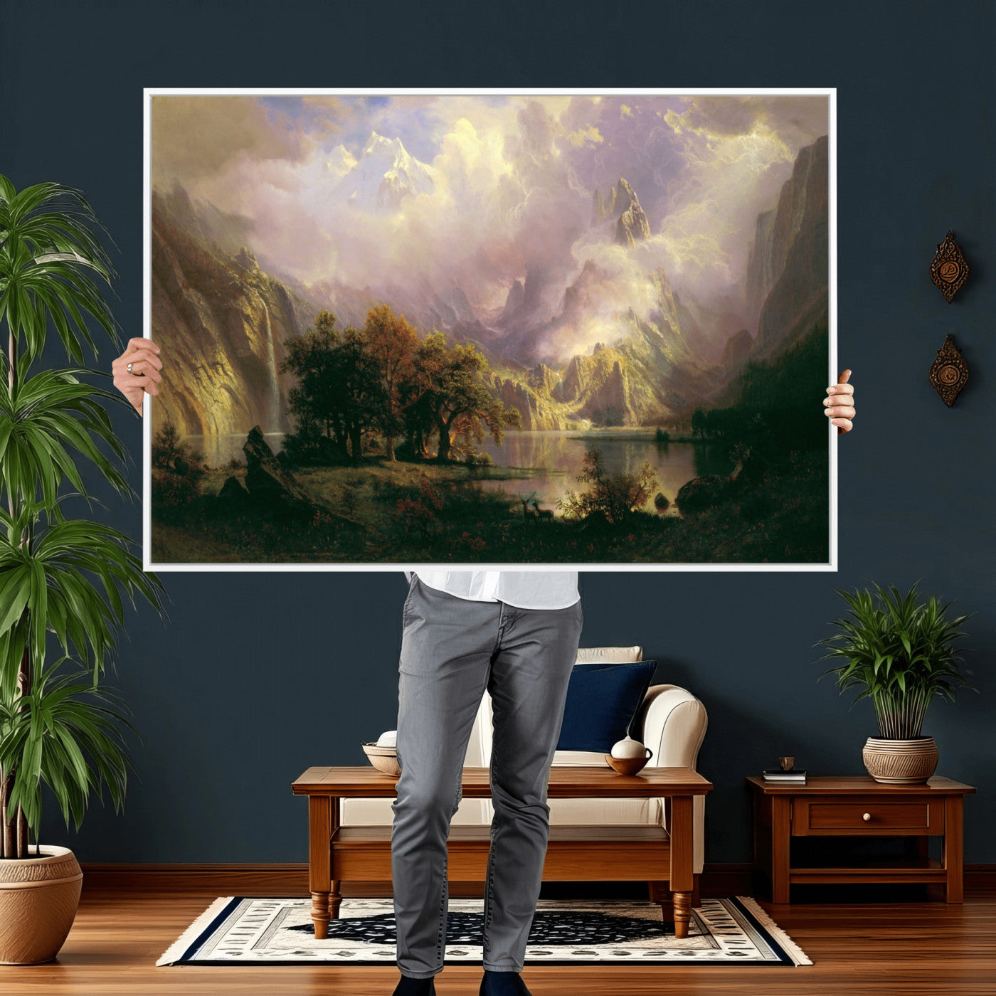 49189463-MGV-CV-36X24 - Albert Bierstadt Rocky Mountain Landscape Wall Art Canvas Print, Classic Fine Art Painting Print