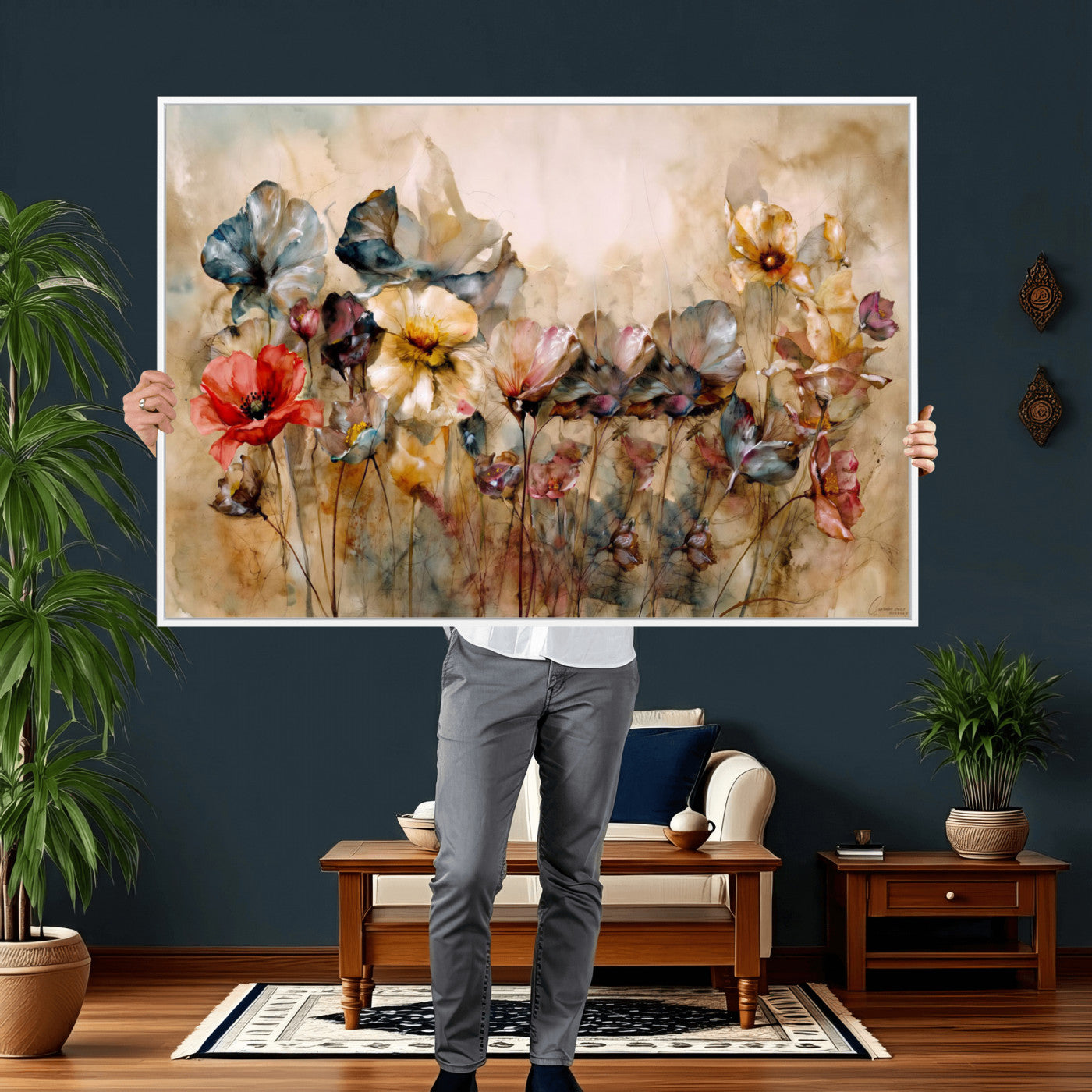 11407233-MGV-CV-36X24 - Vintage Dried Floral Meadow Wall Art Canvas Print, Translucent Watercolor Flowers Painting Print