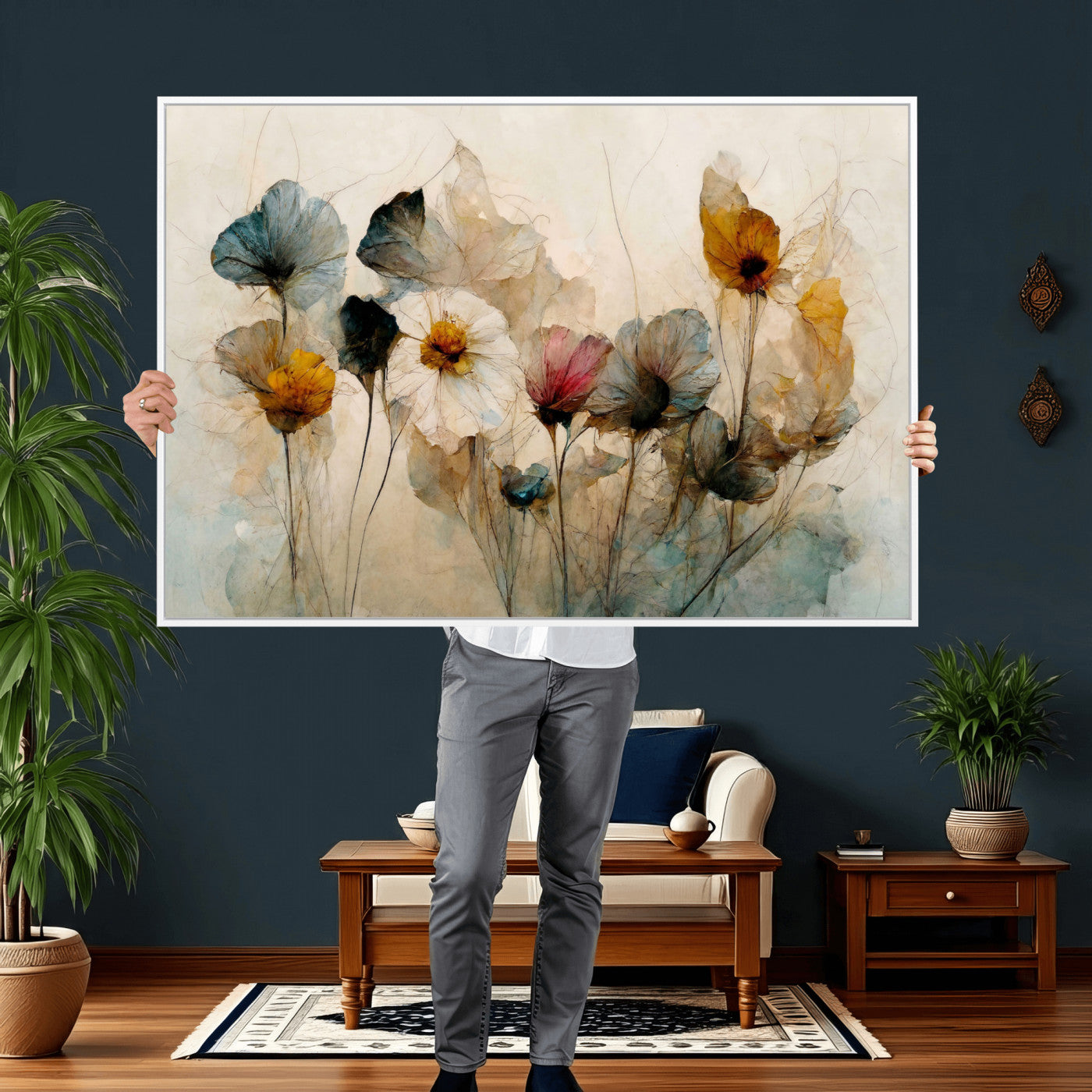 86802229-MGV-CV-36X24 - Vintage Dried Floral Meadow Wall Art Canvas Print, Translucent Watercolor Flowers Painting Print