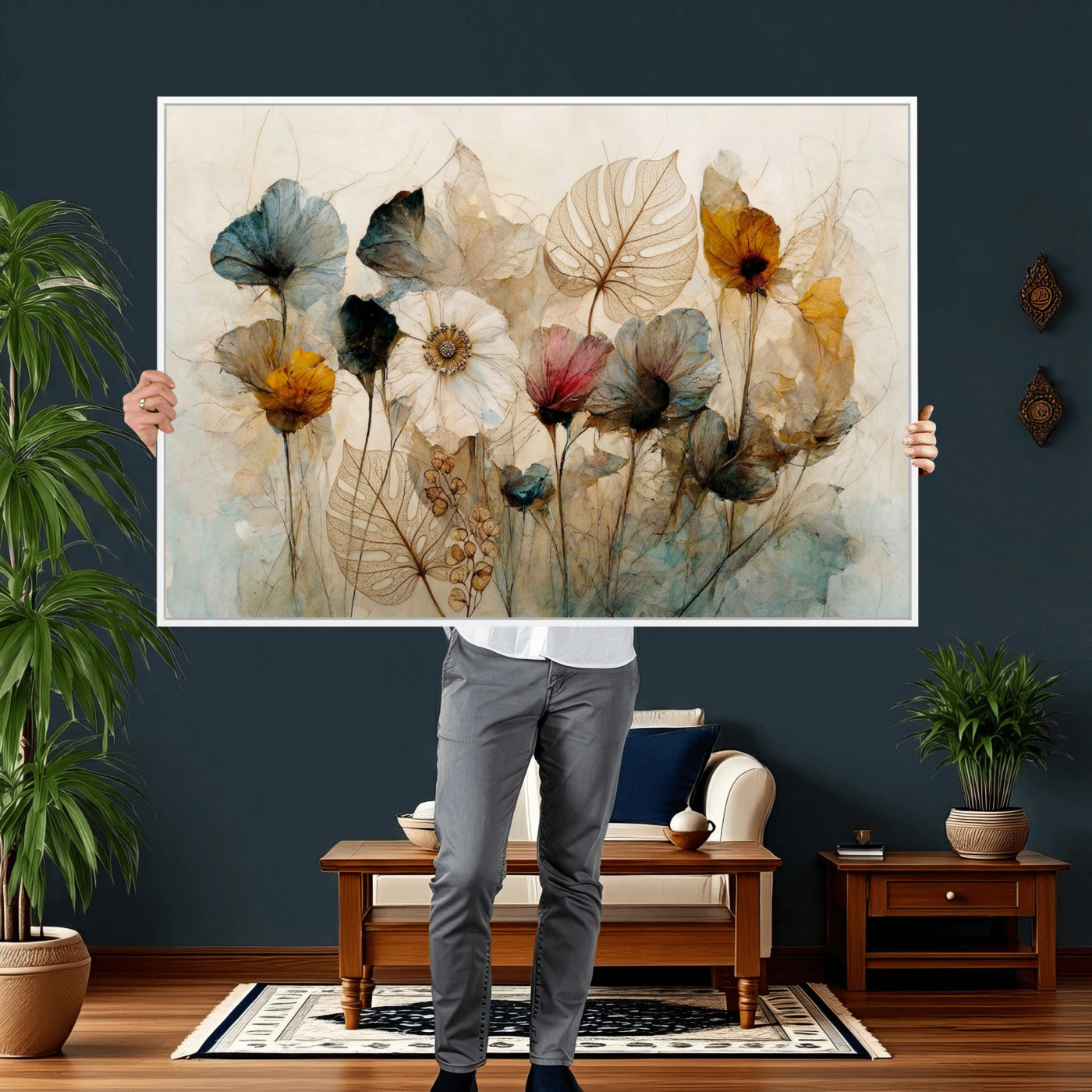93171612-MGV-CV-36X24 - Vintage Dried Floral Meadow Wall Art Canvas Print, Translucent Watercolor Flowers Painting Print