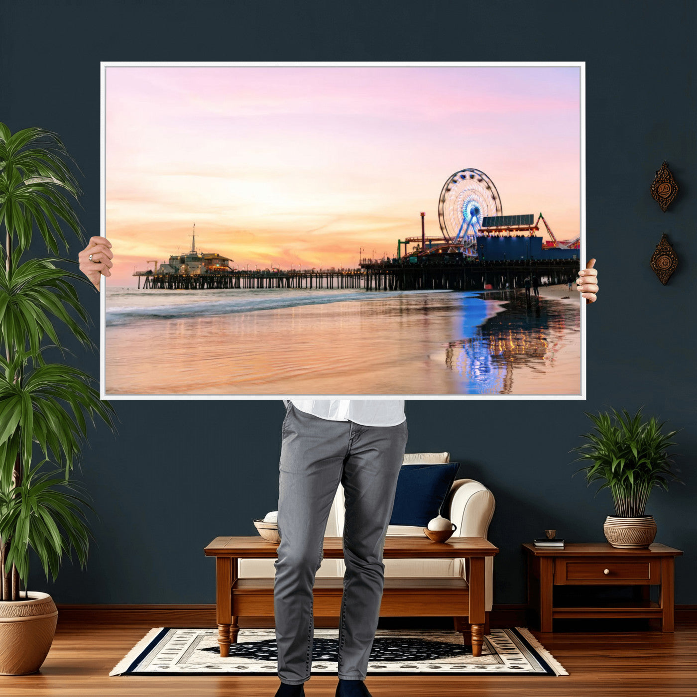 27381272-MGV-CV-36X24 - Santa Monica Pier Sunset Beach Wall Art Canvas Print, California Ferris Wheel Photo Print
