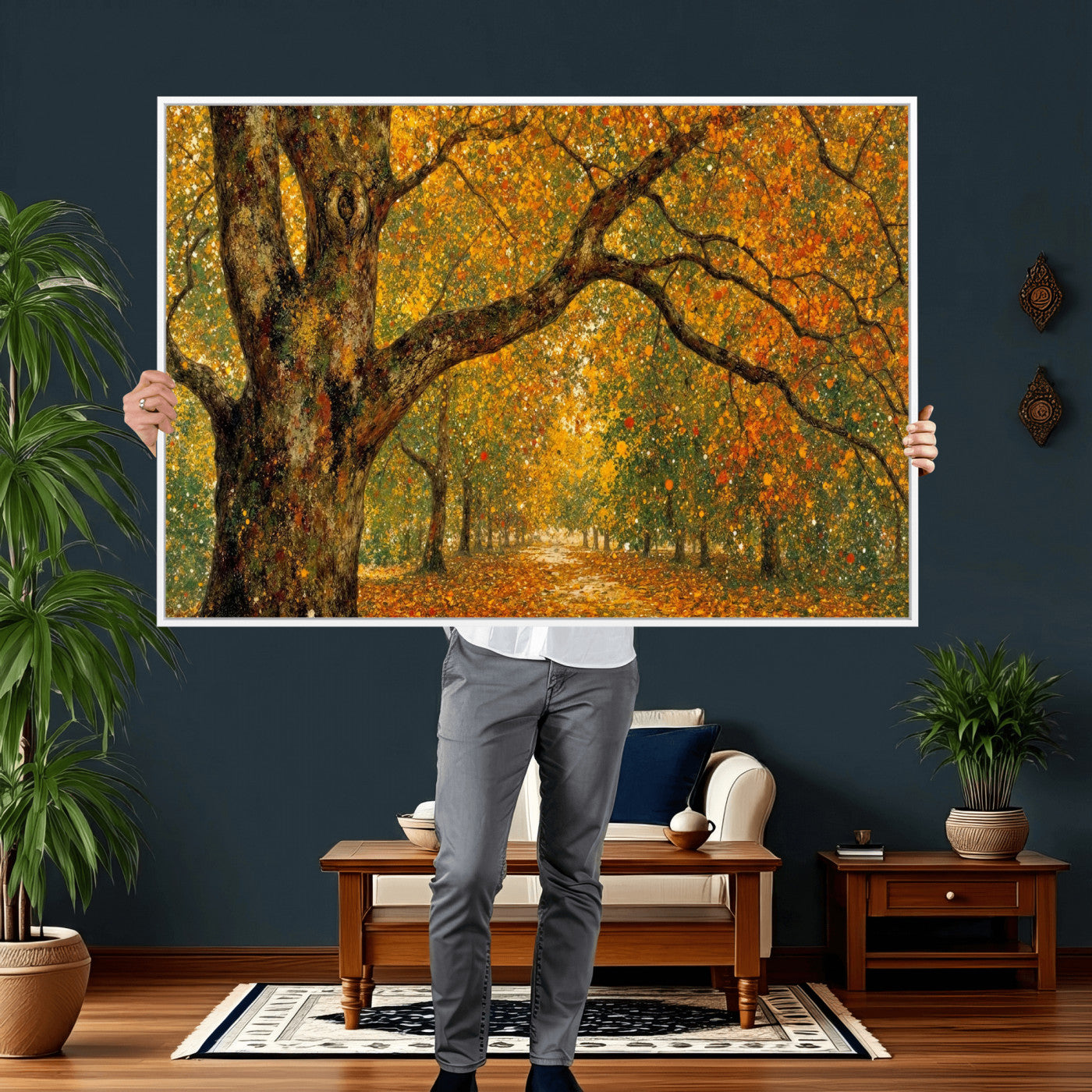 11536138-MGV-CV-36X24 - Vintage Autumn Forest Path Wall Art Canvas Print, Golden Leaves Impressionist Painting Print