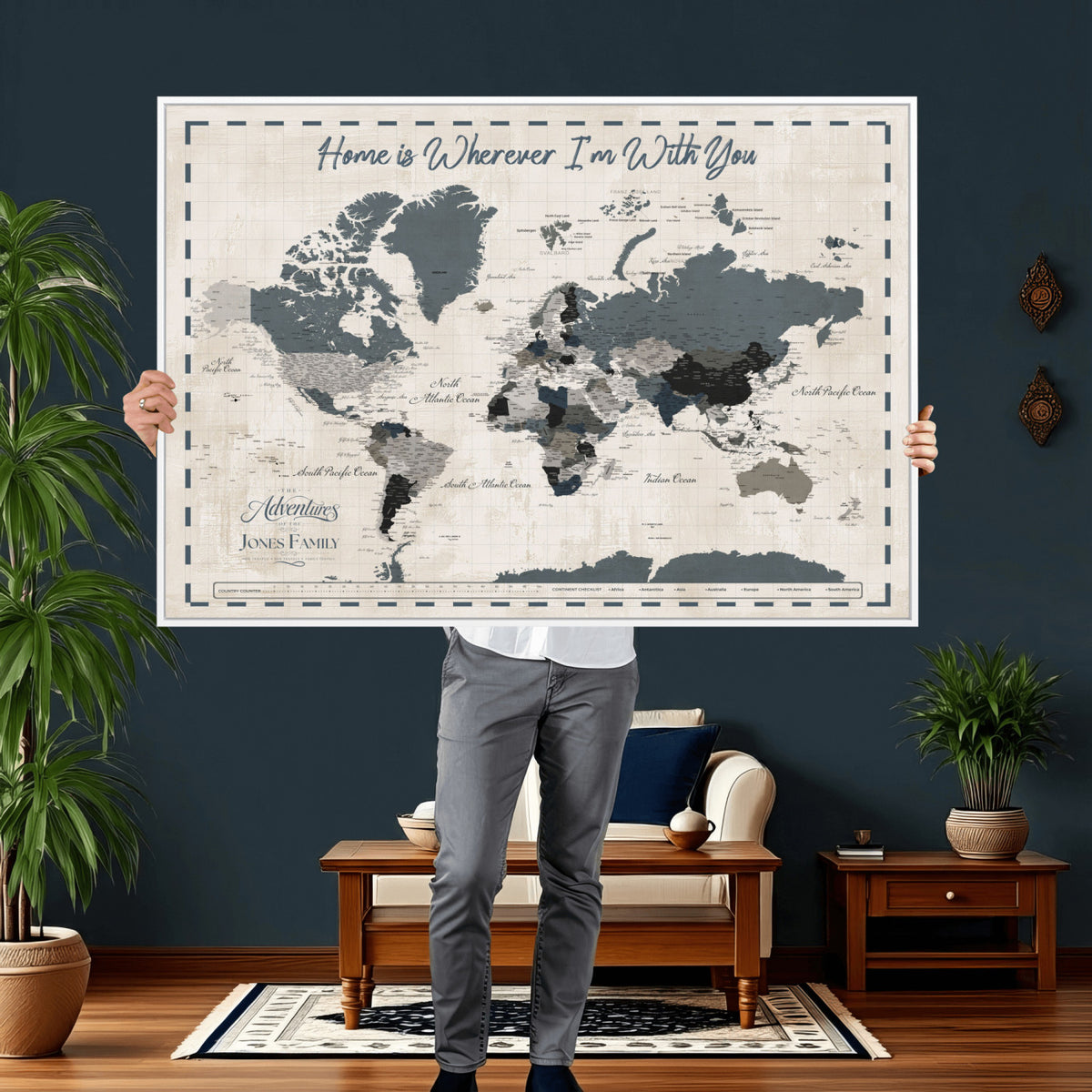 400867164-MGV-CV-36X24 - Framed Blue Custom Push Pin World Map Canvas Print – Personalized Travel Map Wall Art