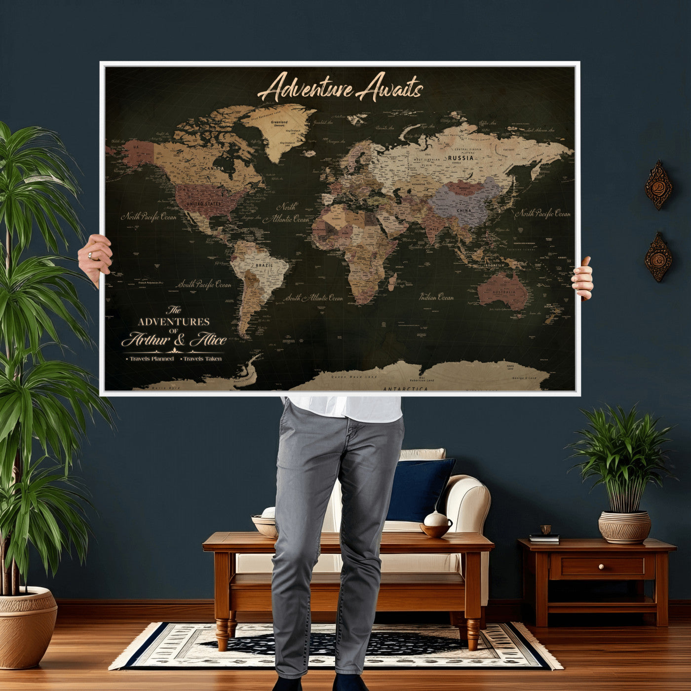 46935759-MGV-CV-36X24 - Custom Push Pin World Map Canvas | Personalized Travel Tracker | Wedding Anniversary Gift for Couples | Adventure Map Wall Art with Pins