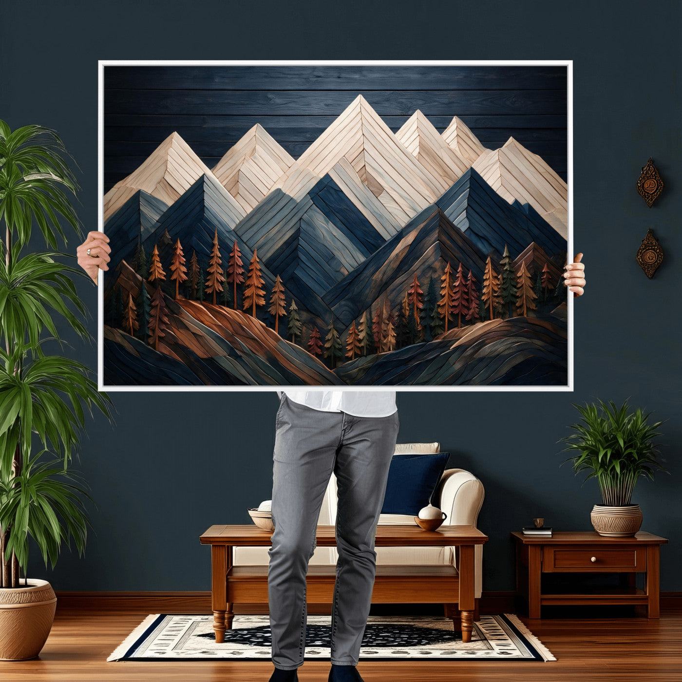 87765072-MGV-CV-36X24 - Geometric Wood Mountain Wall Art Canvas Print, 3D Look Rustic Mosaic Landscape Print