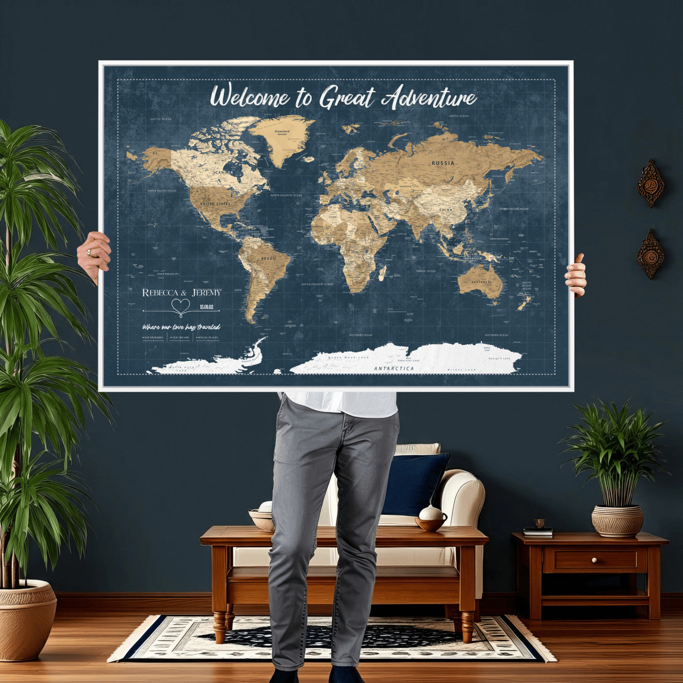 57167164-MGV-CV-36X24 - Custom Push Pin Travel Map Canvas Print, Cream Personalized Travel Tracker Map, Anniversary Gift, Vintage World Map Wall Art
