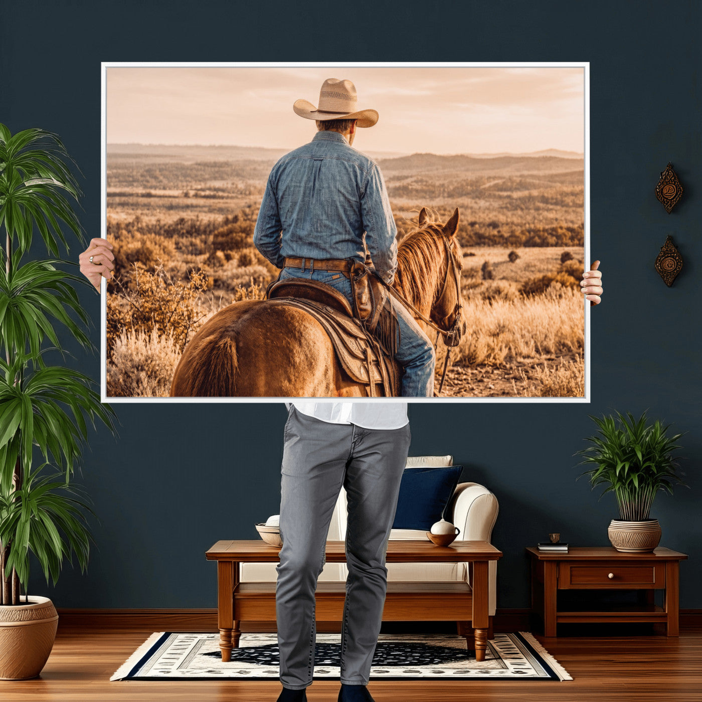 62076449-MGV-CV-36X24 - Texas Cowboy and Horse Print for Western Wall Art Decor for Farmhouse