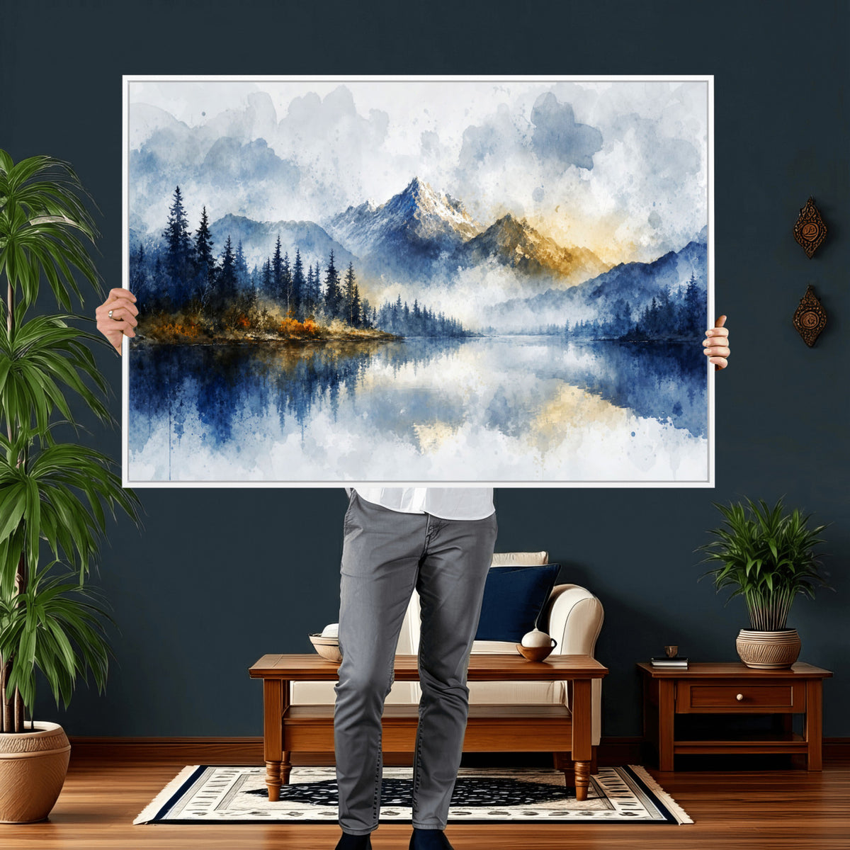 62076449DG-MGV-CV-36X24 - Abstract Watercolor Mountain Lake Wall Art Print for Living Room Decor