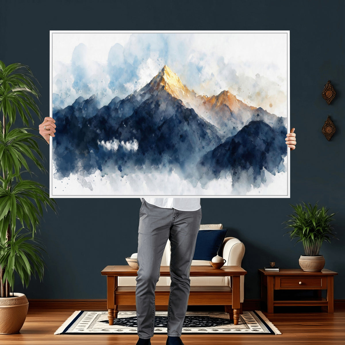 62076449DG1-MGV-CV-36X24 - Abstract Watercolor Mountain Lake Wall Art Print for Living Room Decor