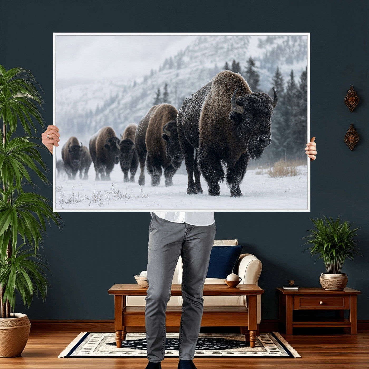 18343289-MGV-CV-36X24 - Rustic Bison Wall Art, American Buffalo Photo Print, Wildlife Canvas Artwork, Snowy Mountain Decor, Large Nature Poster, Cabin Gift Idea