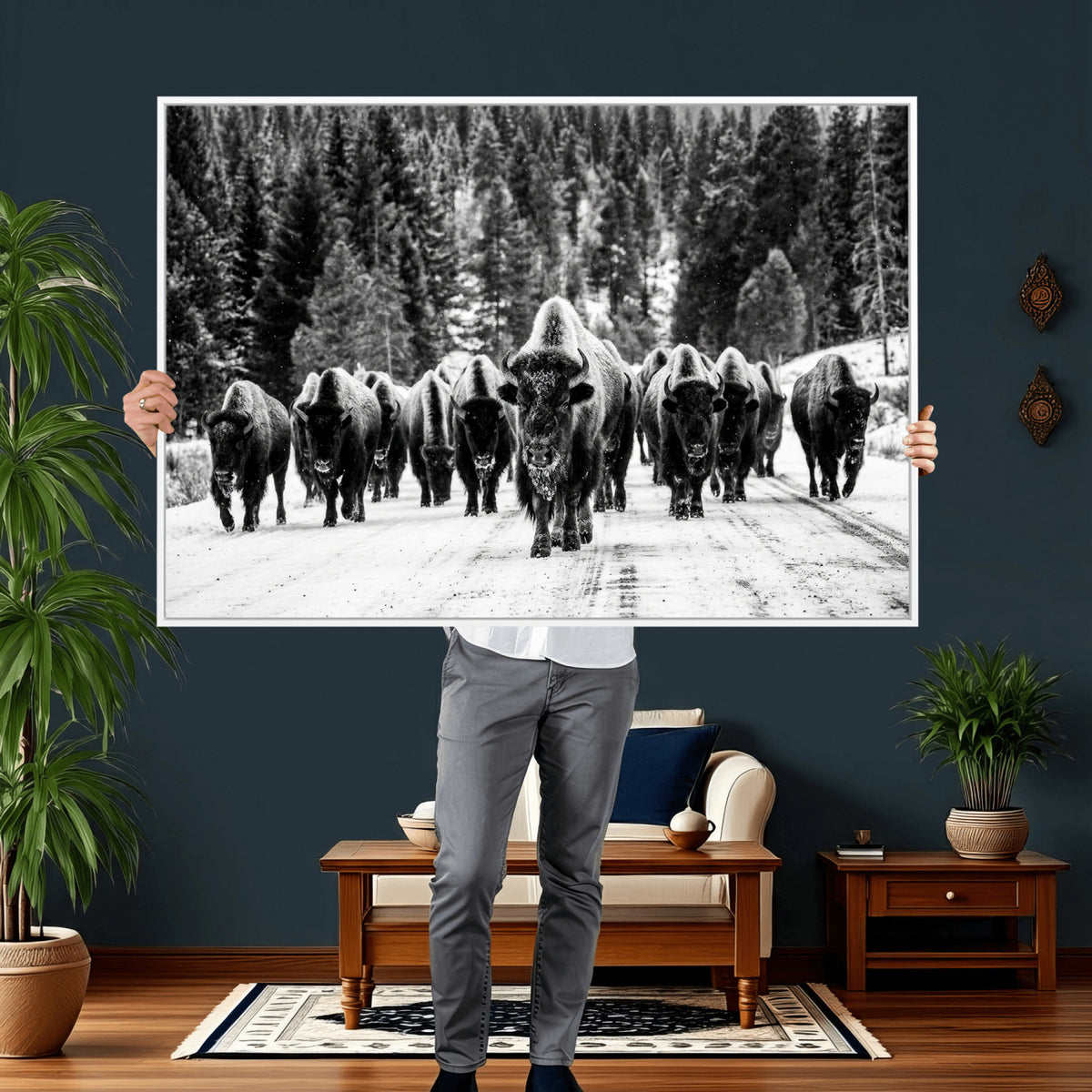 79337077-MGV-CV-36X24 - Black and White Bison Canvas Art, American Buffalo Print, Winter Wildlife Photography, Rustic Forest Wall Decor, Large Statement Nature Gift