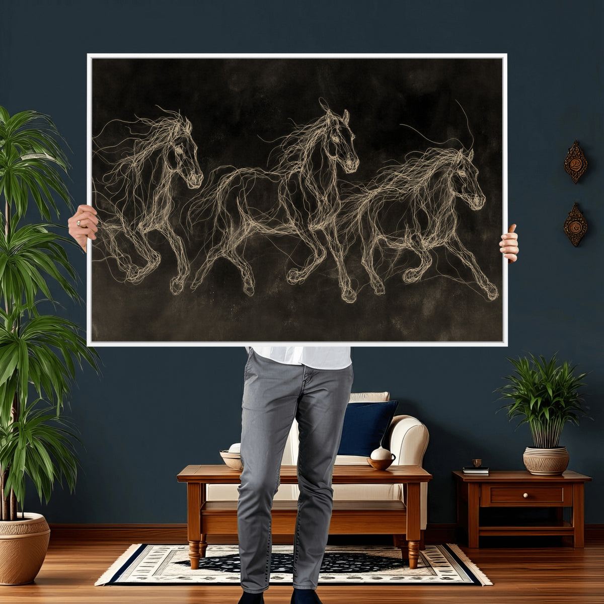 15344242-MGV-CV-36X24 - Dark Horse Line Art Canvas, Gold Scribble Wild Horses Print, Black Chalkboard Wall Art, Modern Luxury Equine Decor, Masculine Office Gift