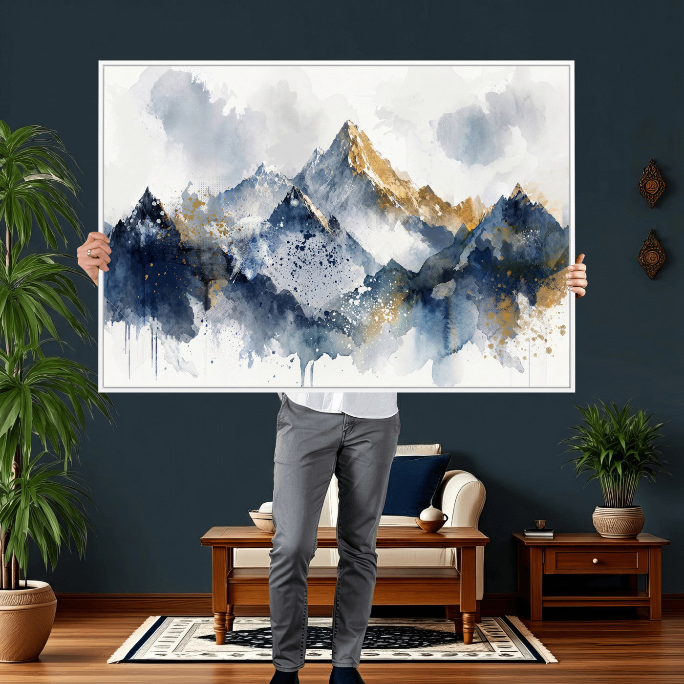 87460616-MGV-CV-36X24 - Abstract Mountain Canvas Wall Art, Blue Gold Foil Landscape Print, Modern Indigo Watercolor Poster, Large Abstract Nature, Luxury Office Gift