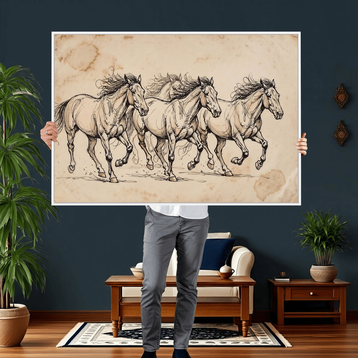 18242163-MGV-CV-36X24 - Vintage Horse Sketch Canvas Wall Art, Wild Horses Pencil Drawing Print, Antique Parchment Western Decor, Equine Sketching, Country Manor Gift