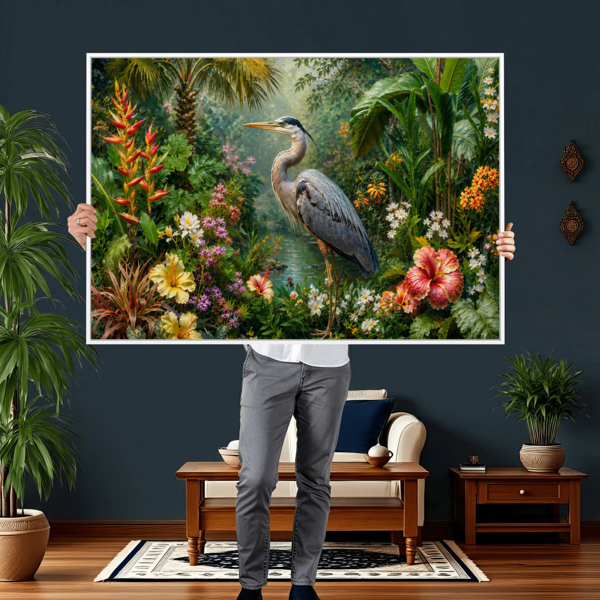81059387-MGV-CV-36X24 - Great Blue Heron Tropical Jungle Wall Art Canvas Print, Exotic Botanical Garden Painting Print