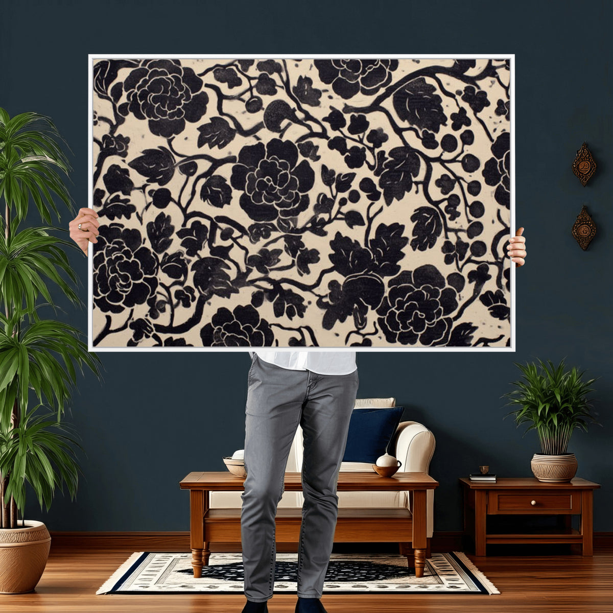 86696255-MGV-CV-36X24 - Vintage Black and Cream Floral Wall Art Canvas Print, Chinoiserie Botanical Painting Print