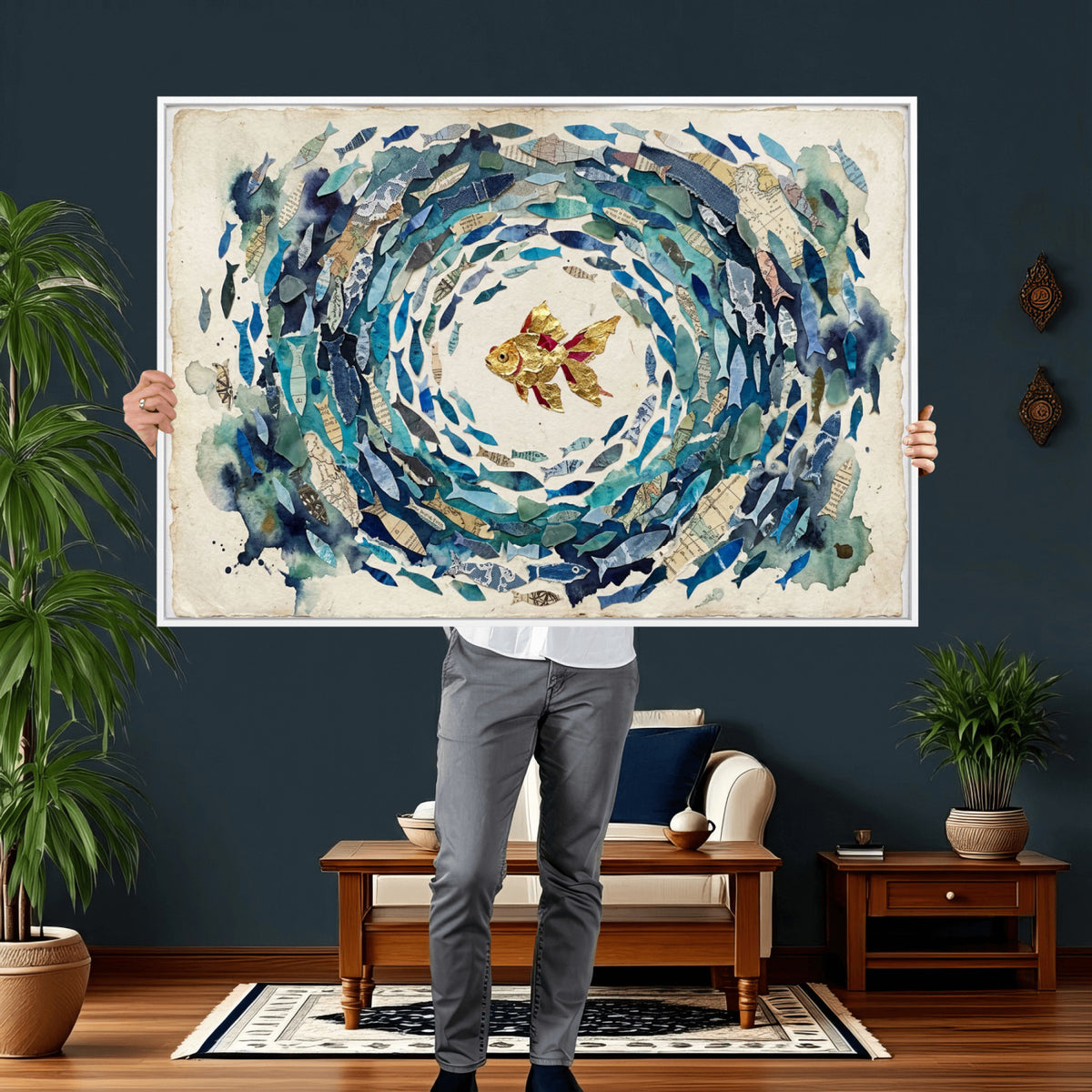73165663-MGV-CV-36X24 - Mixed Media Blue Fish Swirl Canvas Wall Art, Goldfish Collage Ocean Print
