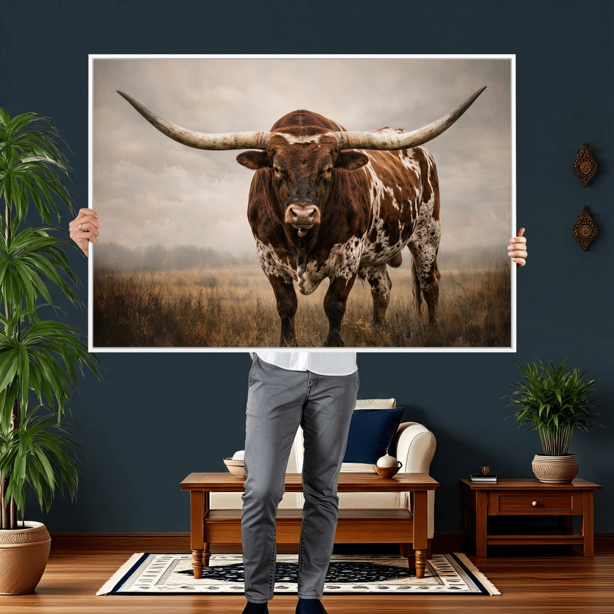 25239047A-MGV-CV-36X24 - Texas Longhorn Canvas Wall Art Western Bull Desert Moody Grey Overcast Rustic Farmhouse Framed Large for Living Room Bedroom Office Decor