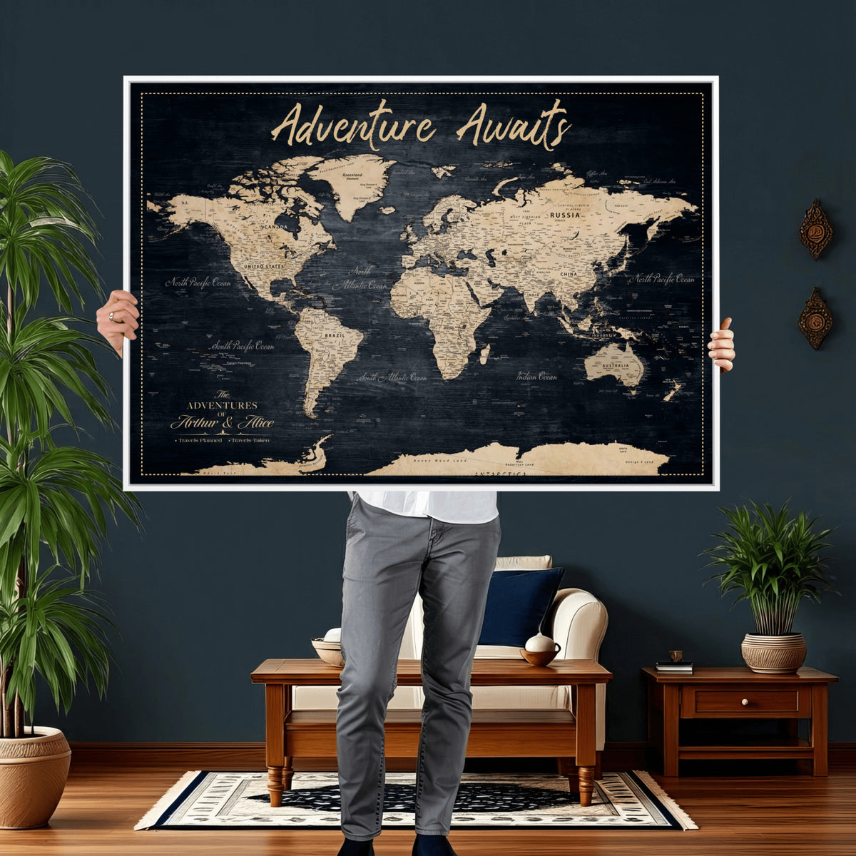 688173822-MGV-CV-36X24 - Extra Large Vintage Personalized Push Pin World Map Wall Art Canvas Print