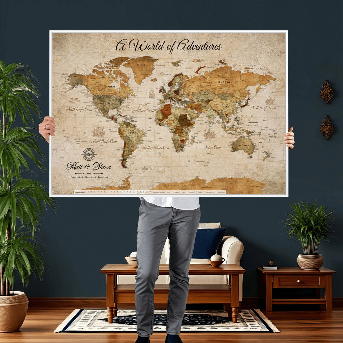 88768647-MGV-CV-36X24 - Extra Large Framed Personalize Push Pin World Map Wall Art Canvas Print for Travel Tracking