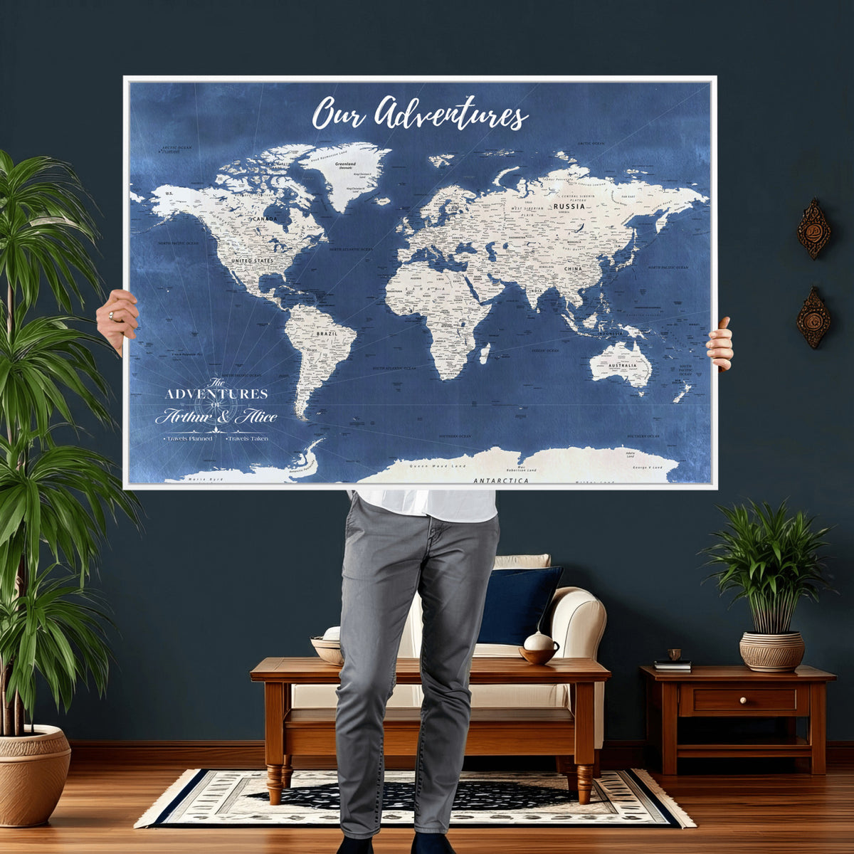 75405527-MGV-CV-36X24 - Extra Large Framed Personalize Push Pin World Map Wall Art Canvas Print for Travel Tracking
