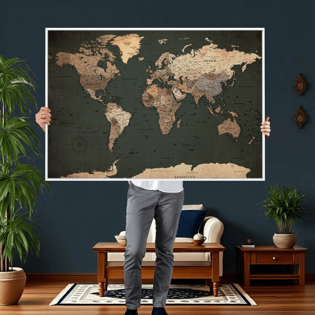 42327656-MGV-CV-36X24 - Extra Large Framed Personalize Push Pin World Map Wall Art Canvas Print for Travel Tracking