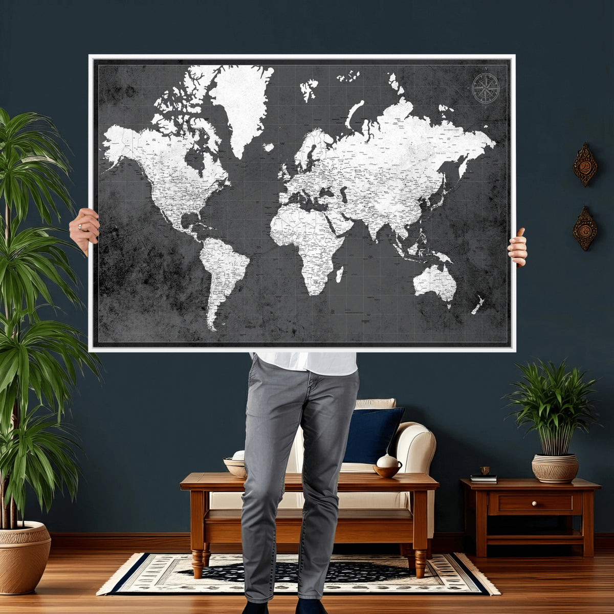 78574966-MGV-CV-36X24 - Extra Large Framed Personalize Push Pin World Map Wall Art Canvas Print for Travel Tracking