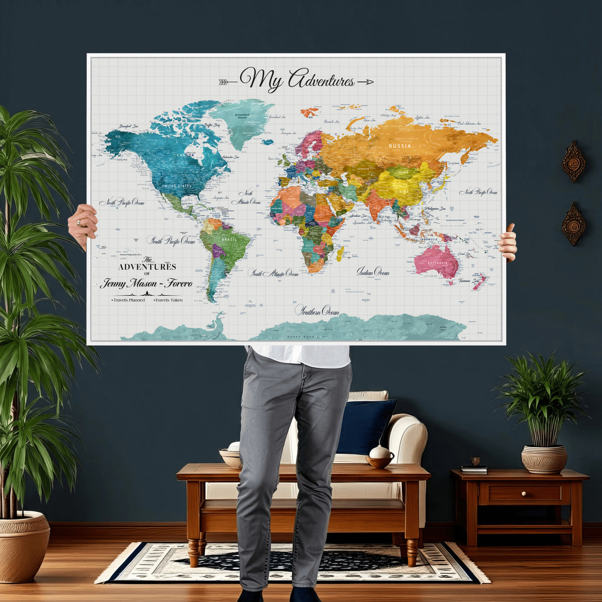 66743043-MGV-CV-36X24 - Extra Large Framed Personalize Push Pin World Map Wall Art Canvas Print for Travel Tracking