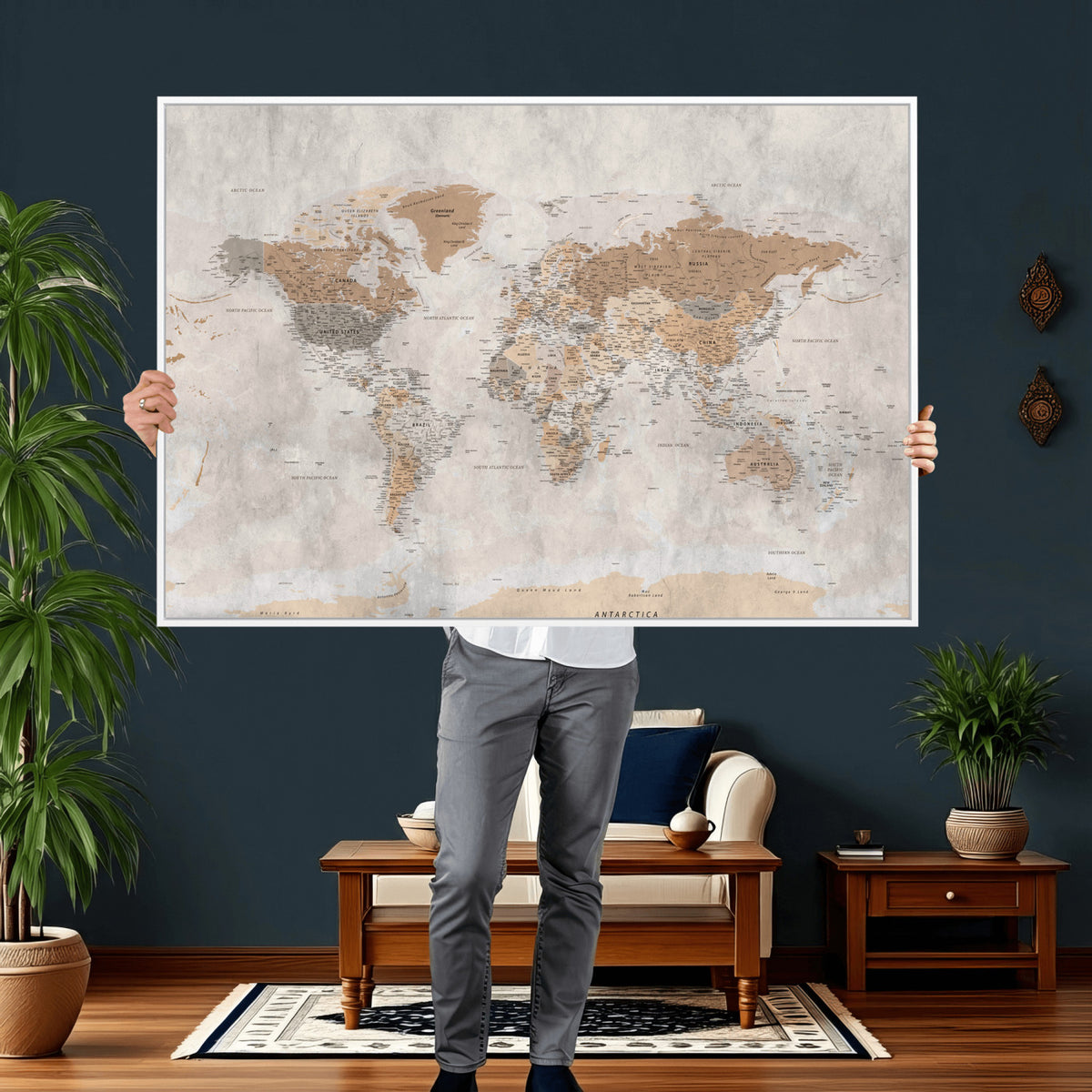 18074626DD-MGV-CV-36X24 - Extra Large Framed Personalize Push Pin World Map Wall Art Canvas Print for Travel Tracking NEWMAP - 009