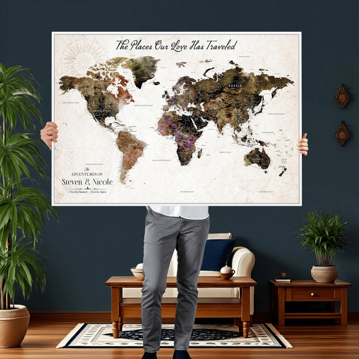 18074626D3D-MGV-CV-36X24 - Extra Large Framed Personalize Push Pin World Map Wall Art Canvas Print for Travel Tracking NEWMAP - 015