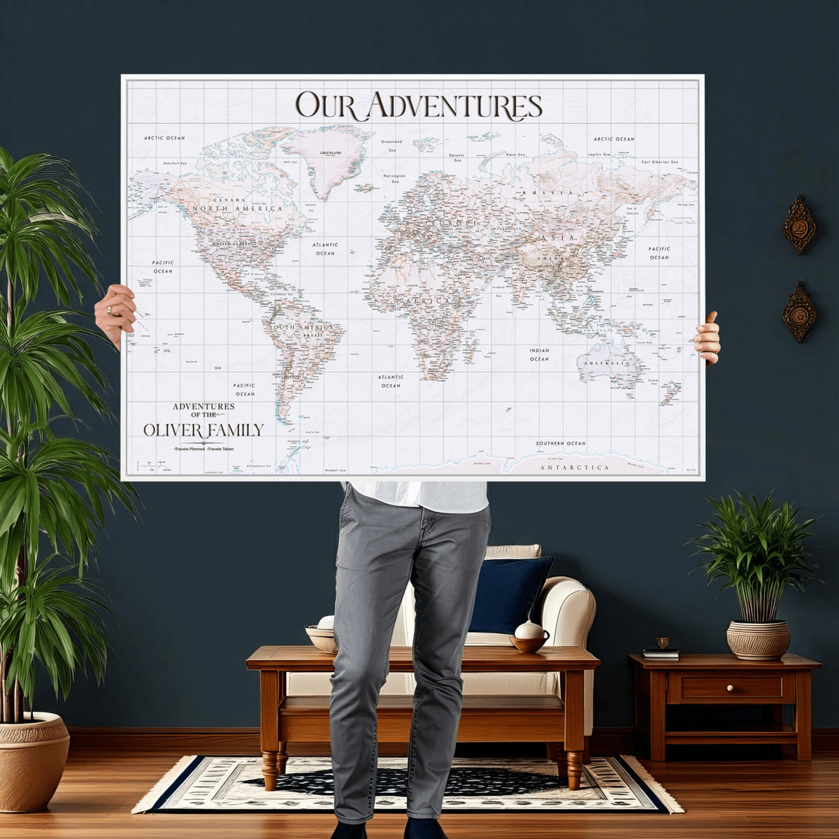 18074626D3DD-MGV-CV-36X24 - Extra Large Framed Personalize Push Pin World Map Wall Art Canvas Print for Travel Tracking NEWMAP - 015