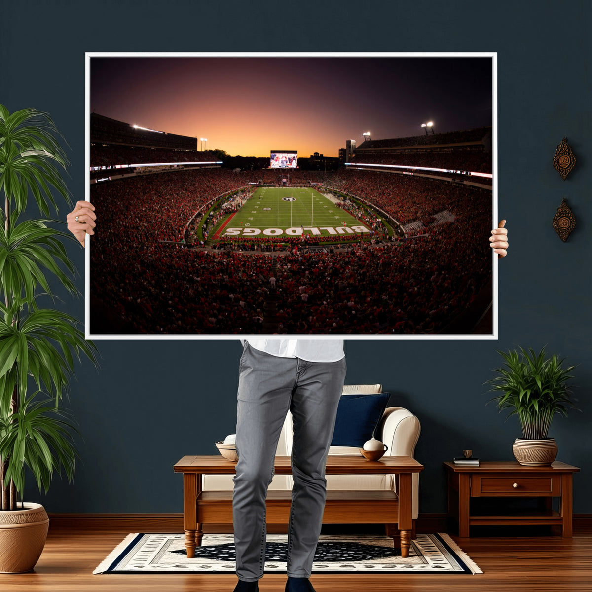 97720998-_Poster-30x20 - Georgia Bulldogs Stadium Sunset Canvas Print 3 Piece Framed Wall Art Extra Large Floating Frame Sports Poster Made in USA