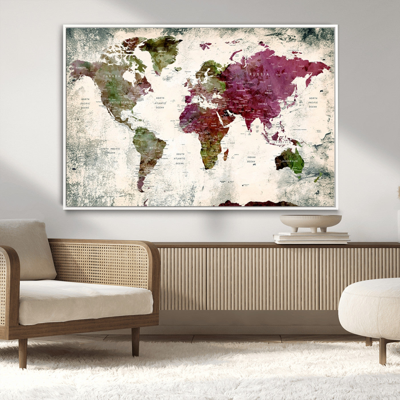 -Vintage Watercolor Push Pin World Map Canvas – Framed Travel Wall Art for Home and Office Decor