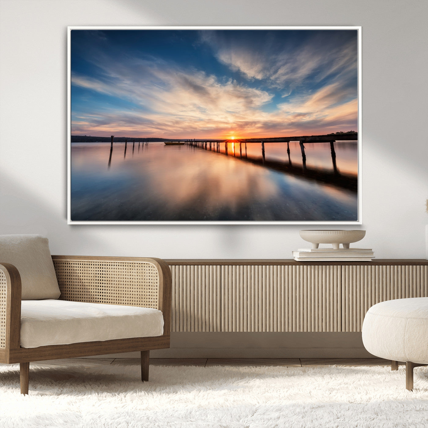 39967-MGV-CV-36X24-Wooden Pier on Seascape and Sunset Wall Art Canvas Print