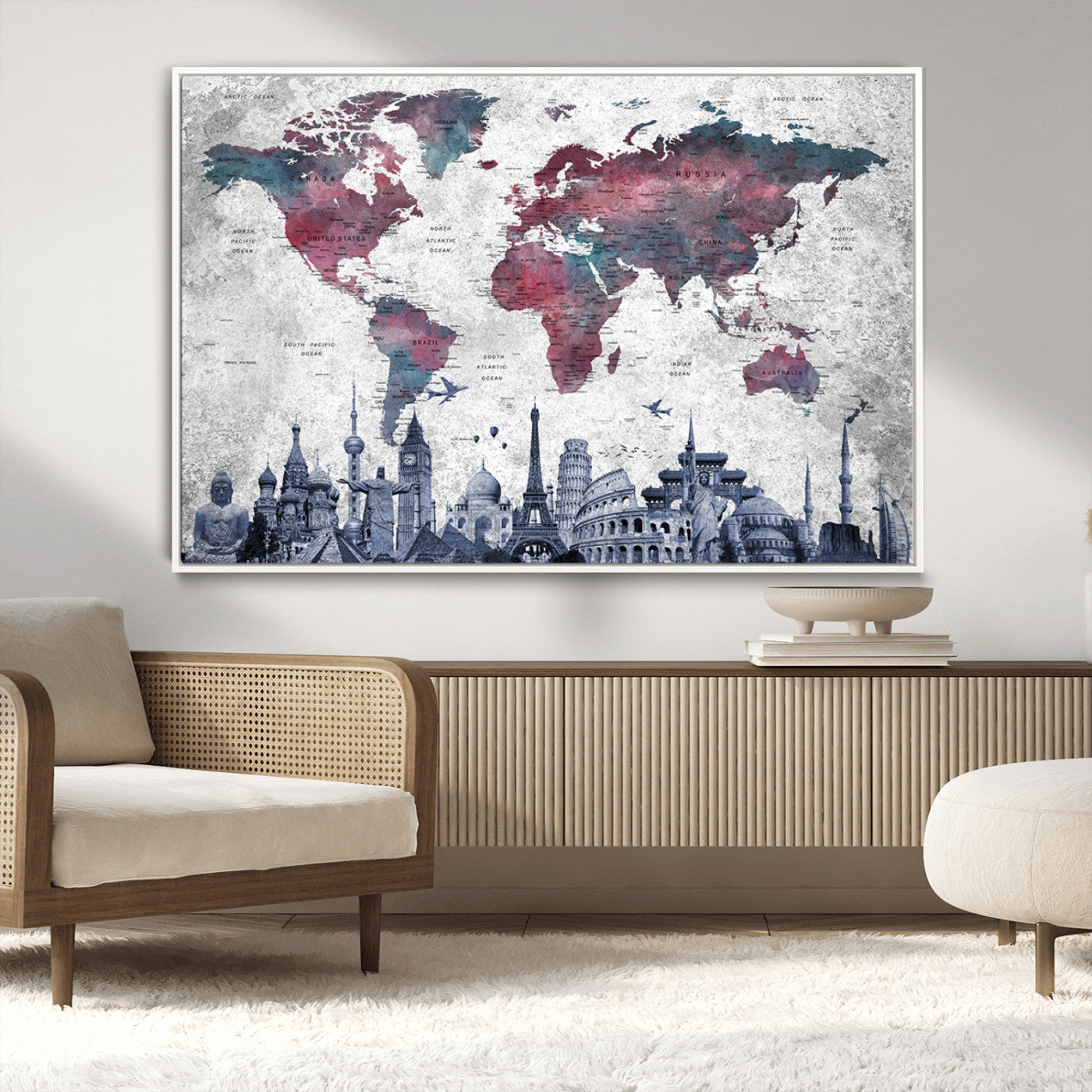42515-MGV-CV-36X24-World Map Canvas Wall Art with Famous Landmarks – Framed Travel Map Print for Home and Office Decor, Perfect Gift for Travel Lovers
