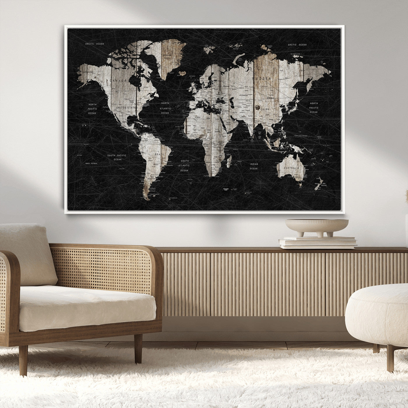 89998-MGV-CV-36X24-Rustic Black and Wood World Map Canvas Wall Art – Framed Push Pin Travel Map for Home and Office Decor, Modern Vintage Wall Artwork