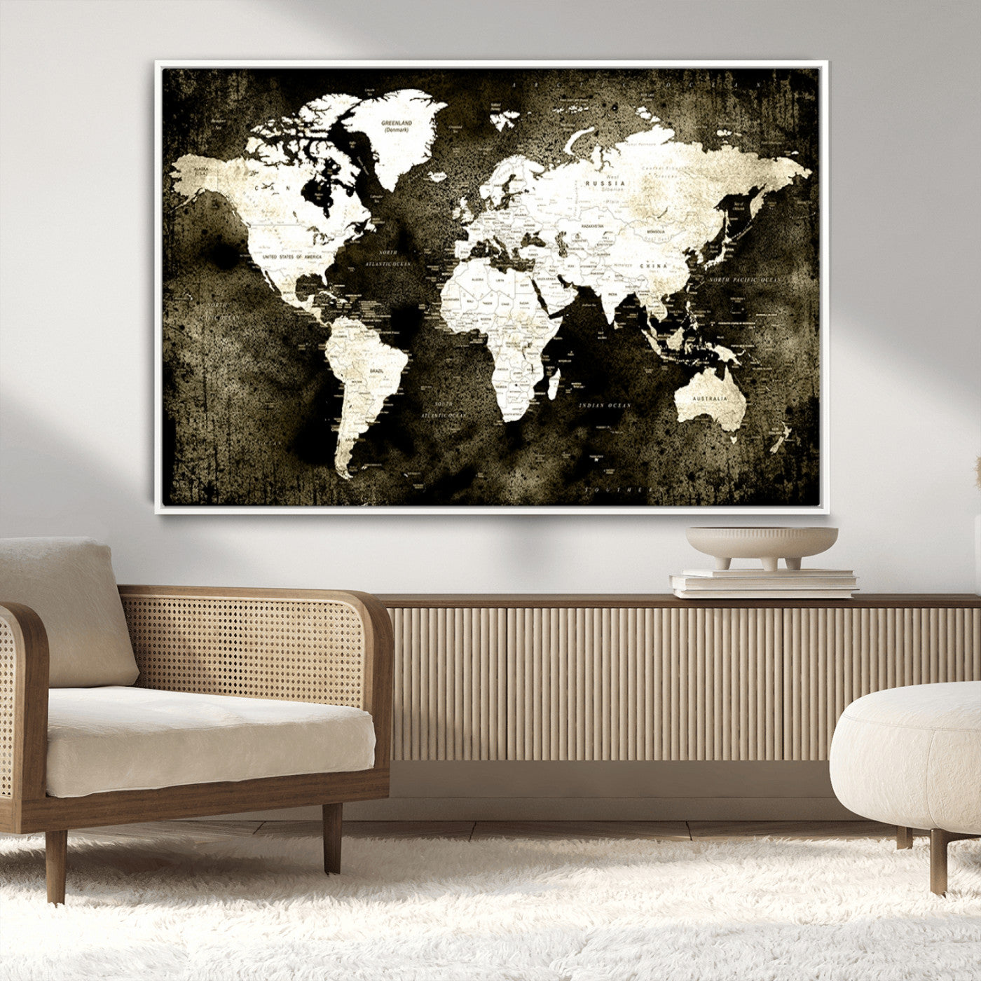 66737-MGV-CV-36X24-Vintage World Map Canvas Wall Art – Framed Push Pin Travel Map for Home and Office Decor, Rustic Wall Artwork for Travelers