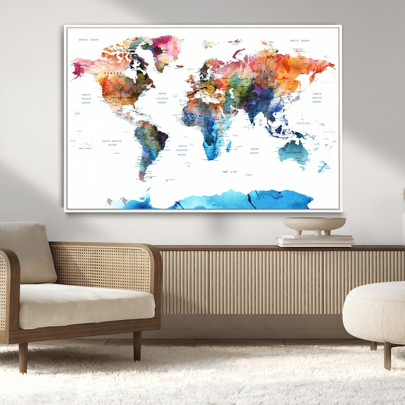 11576-MGV-CV-36X24-Vibrant Watercolor World Map Canvas Wall Art – Framed Push Pin Travel Map for Home and Office Decor, Modern Colorful Wall Artwork