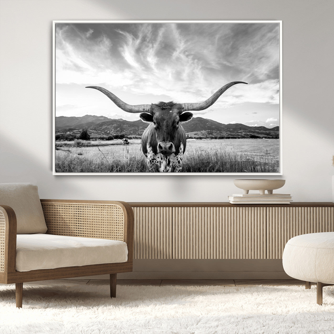 79527-MGV-CV-36X24-Longhorn Black and White Wall Art – Rustic Western Bull Canvas Print, Farmhouse Country Decor for Living Room, Office or Ranch, Cowboy Wall Artwork