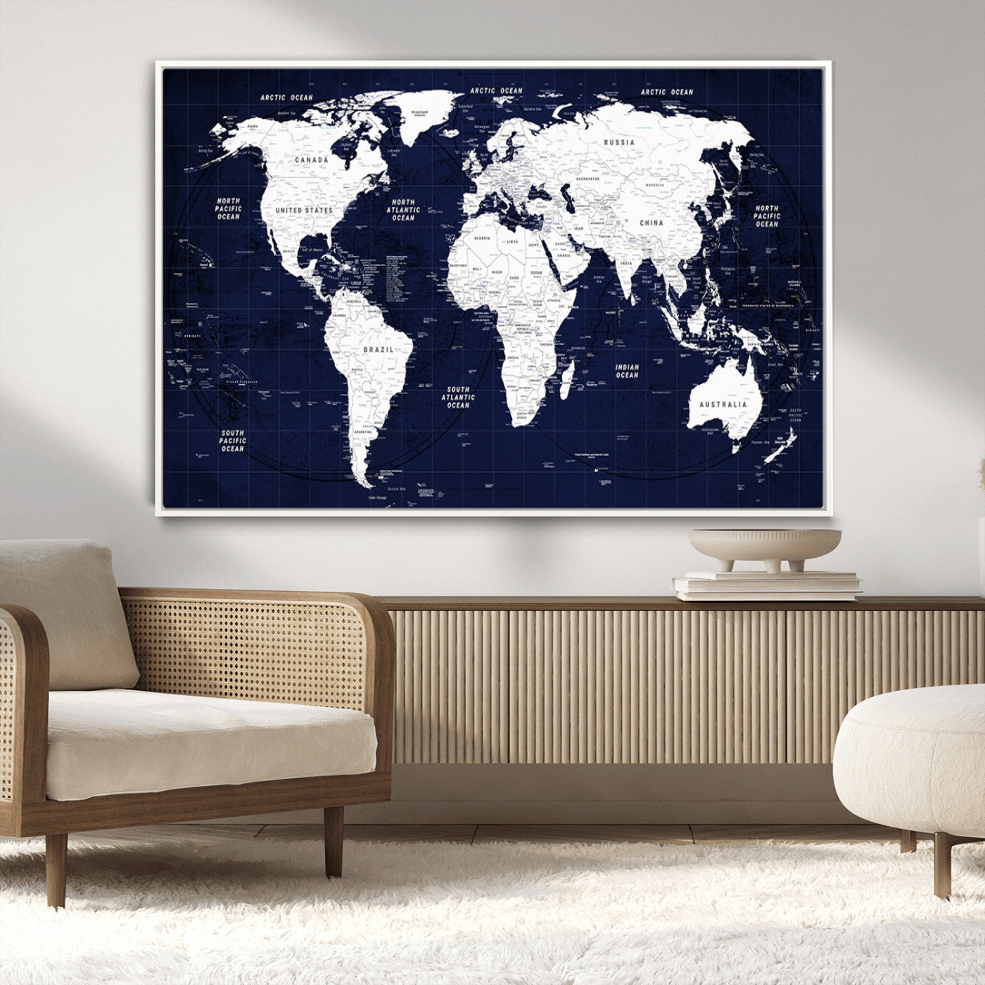 -Navy Blue World Map Canvas Print – Modern Push Pin Travel Map Wall Art, Framed Contemporary Decor for Home or Office