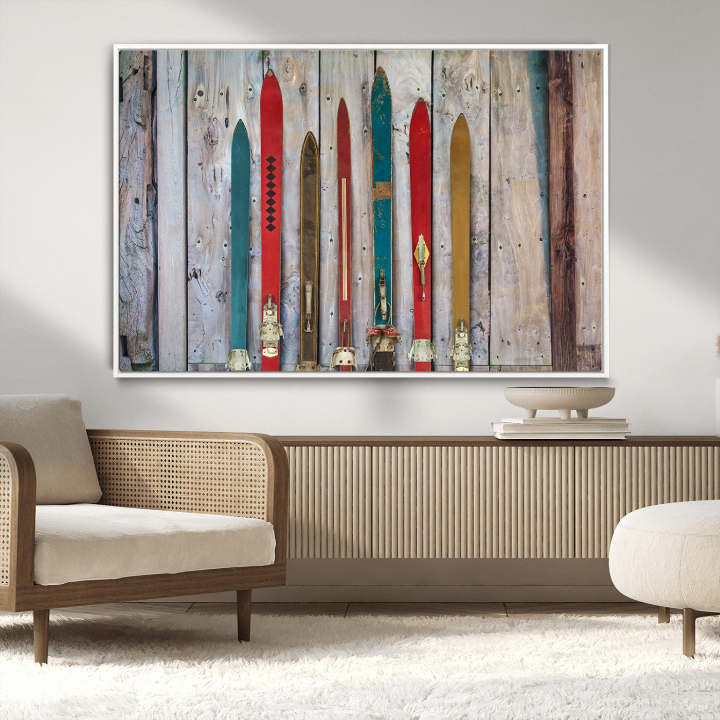 -Vintage Wooden Weathered Ski's in Front of an Old Barn Wall Art Canvas Print for Farmhouse, Cabin