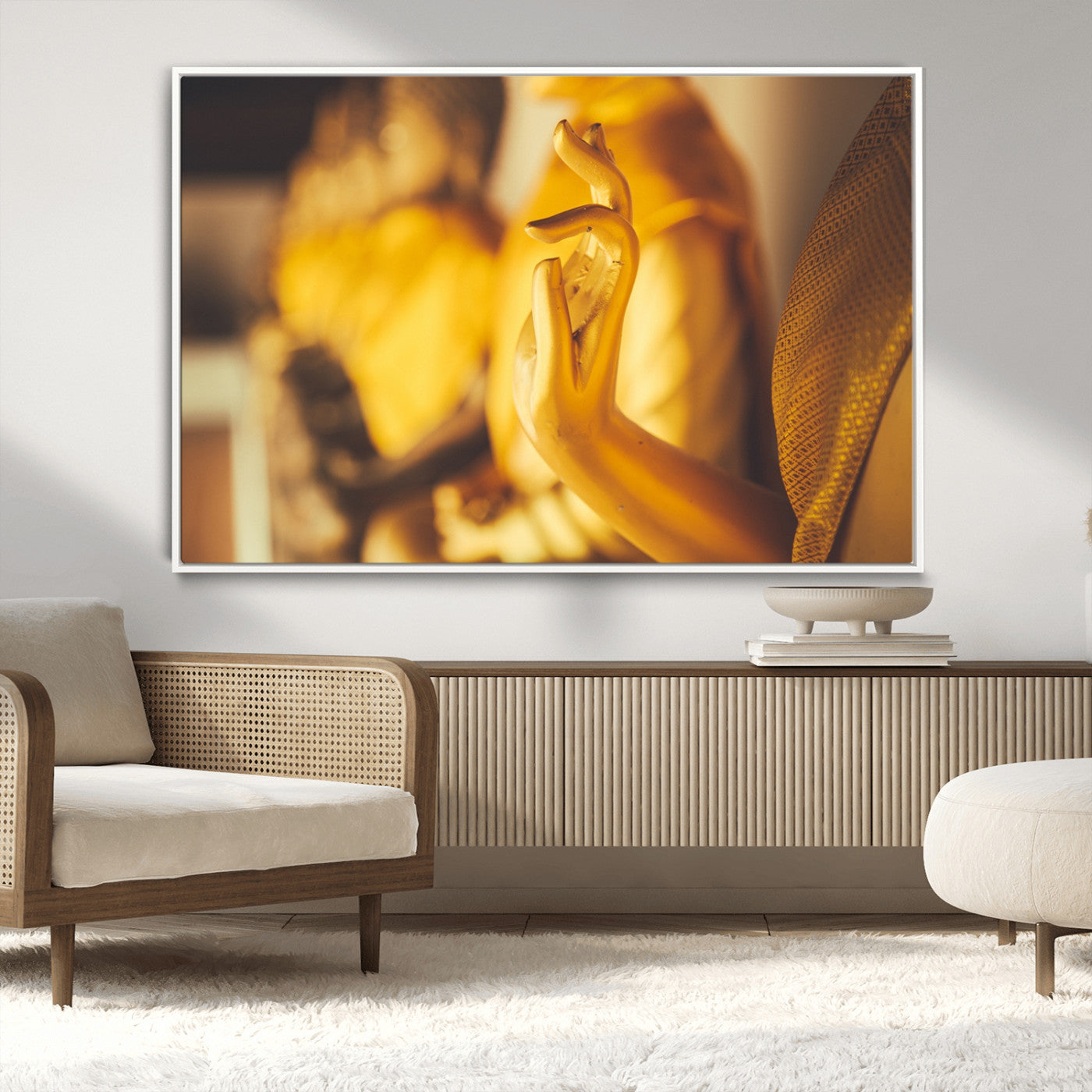 30728-MGV-FC-36X24_White-Gold Buddha Statue Hands Wall Art Canvas Print