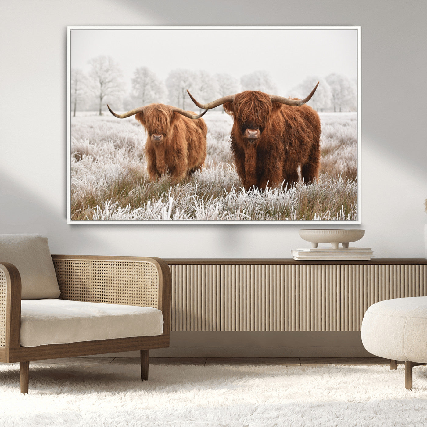 -Longhorn Cattle Wall Art Canvas Print, Framed Farmhouse Style Art Picture Print, Rustic Cow Perfect Rustic Farmhouse Decor Artwork