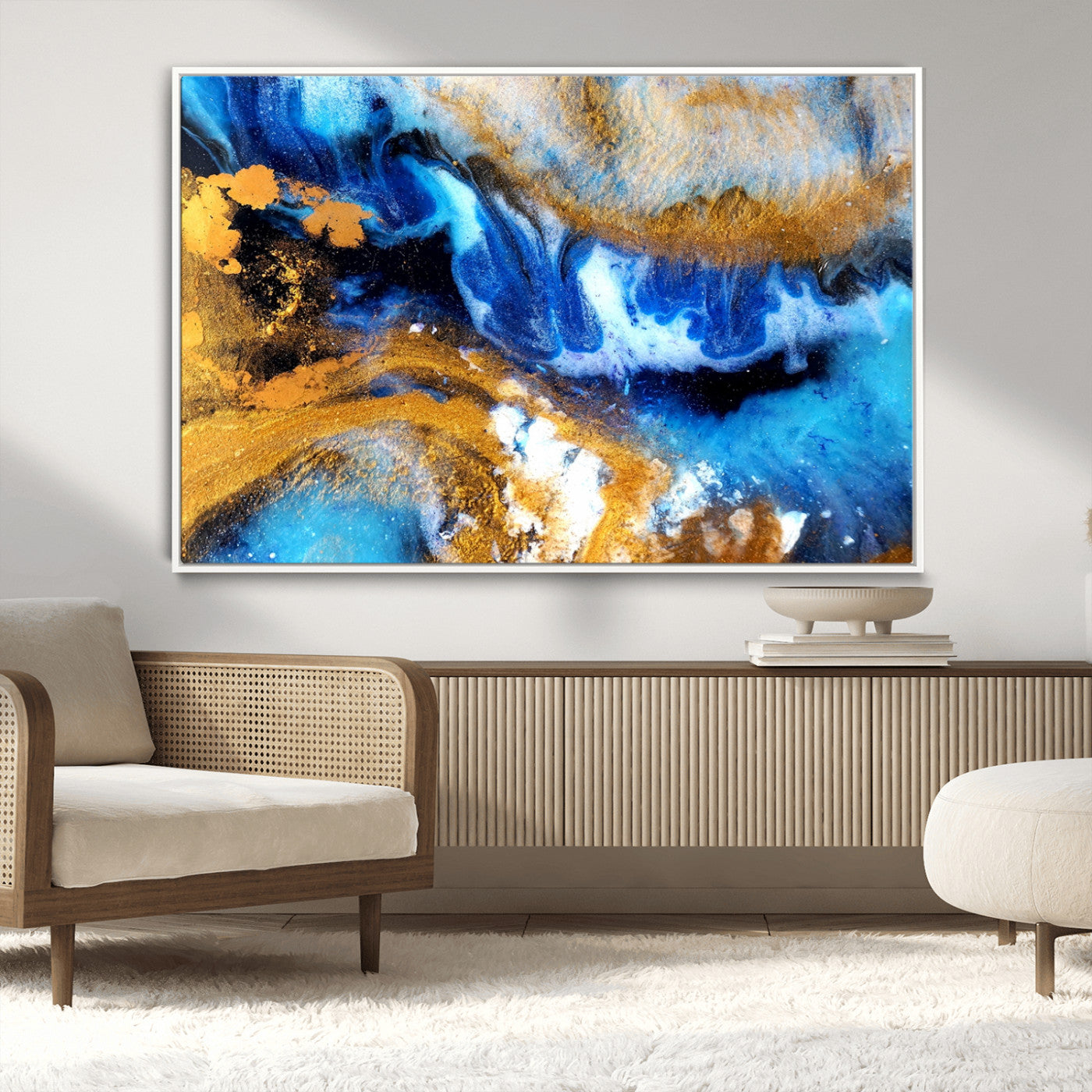 42100-MGV-CV-36X24-Blue Orange Marble Fluid Effect Canvas Wall Art Print