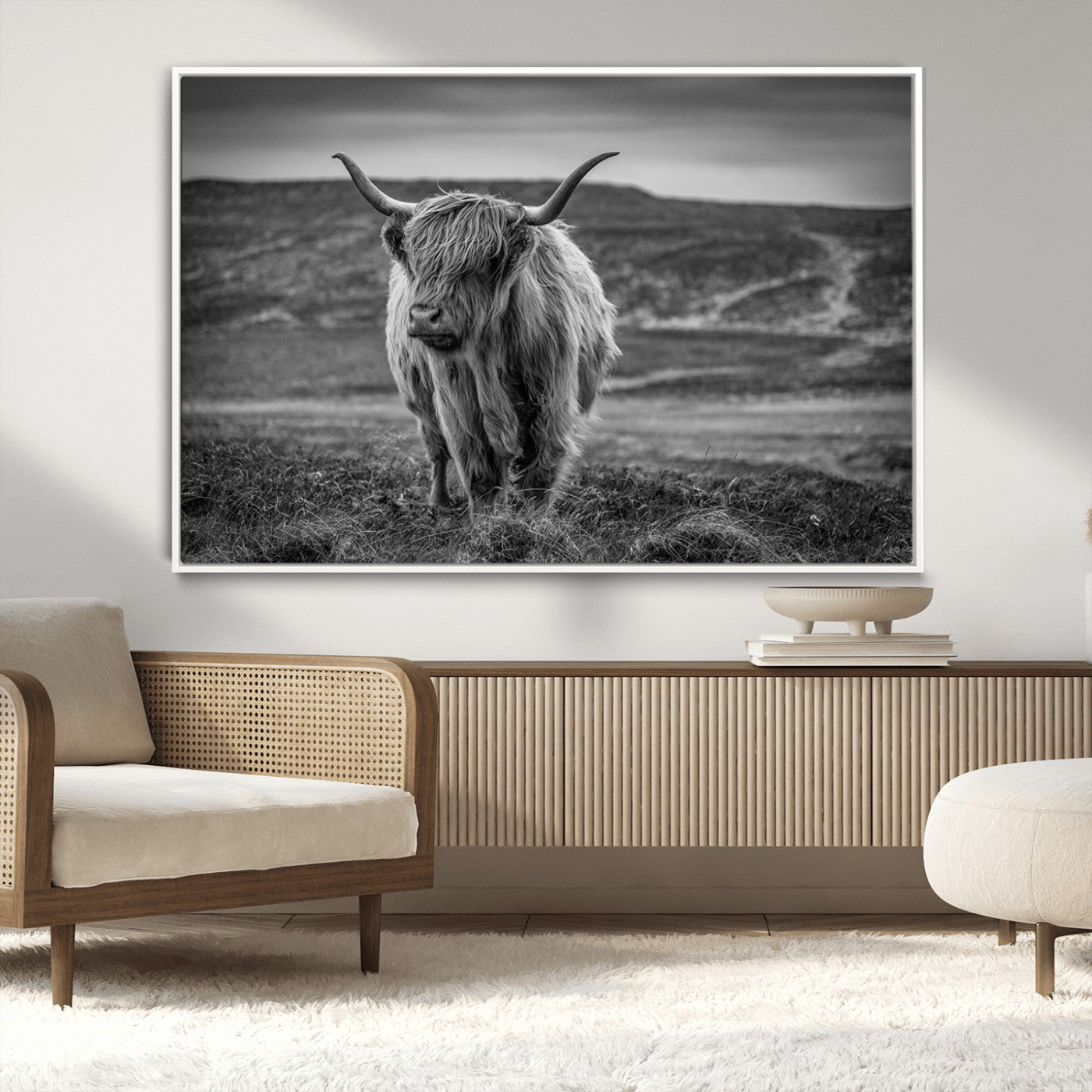 -Fluffy Cattle Wall Art Print, Highland Cow Canvas, Framed Black and white Wall Art