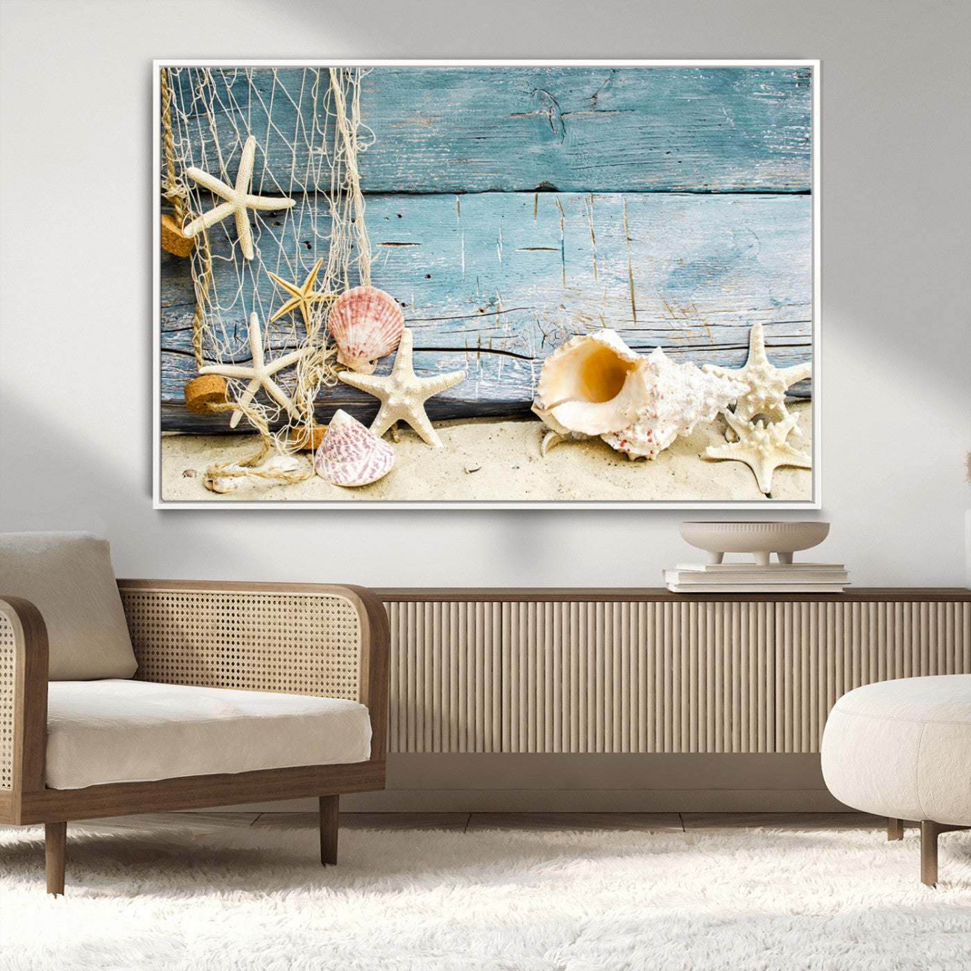 -Seashells on Rustic Wooden Background, Seashells Wall Art Canvas Print