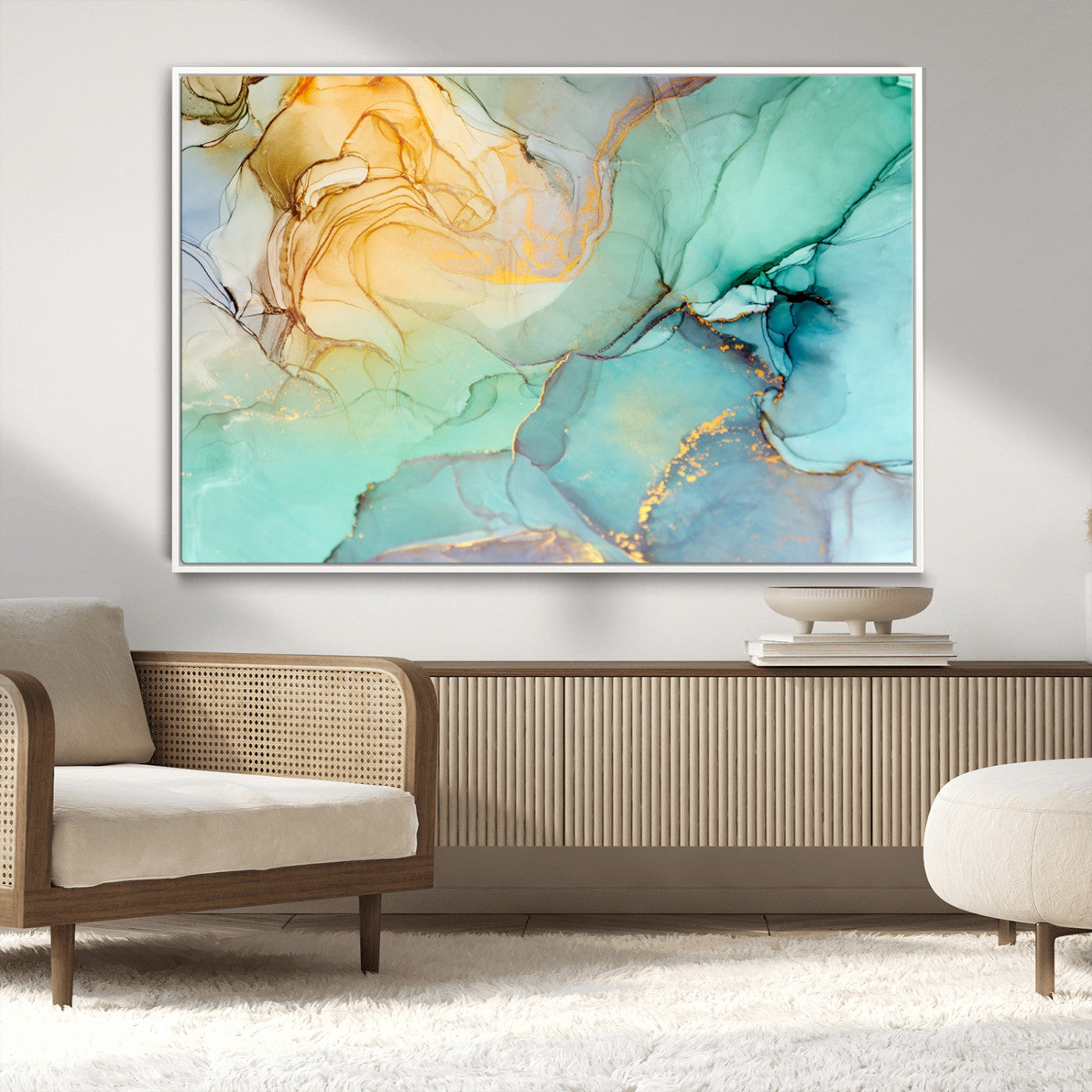 84233-MGV-CV-36X24-Abstract Aqua and Gold Fluid Wall Art Canvas | 3 Panel Large Canvas Print for Living Room, Office,