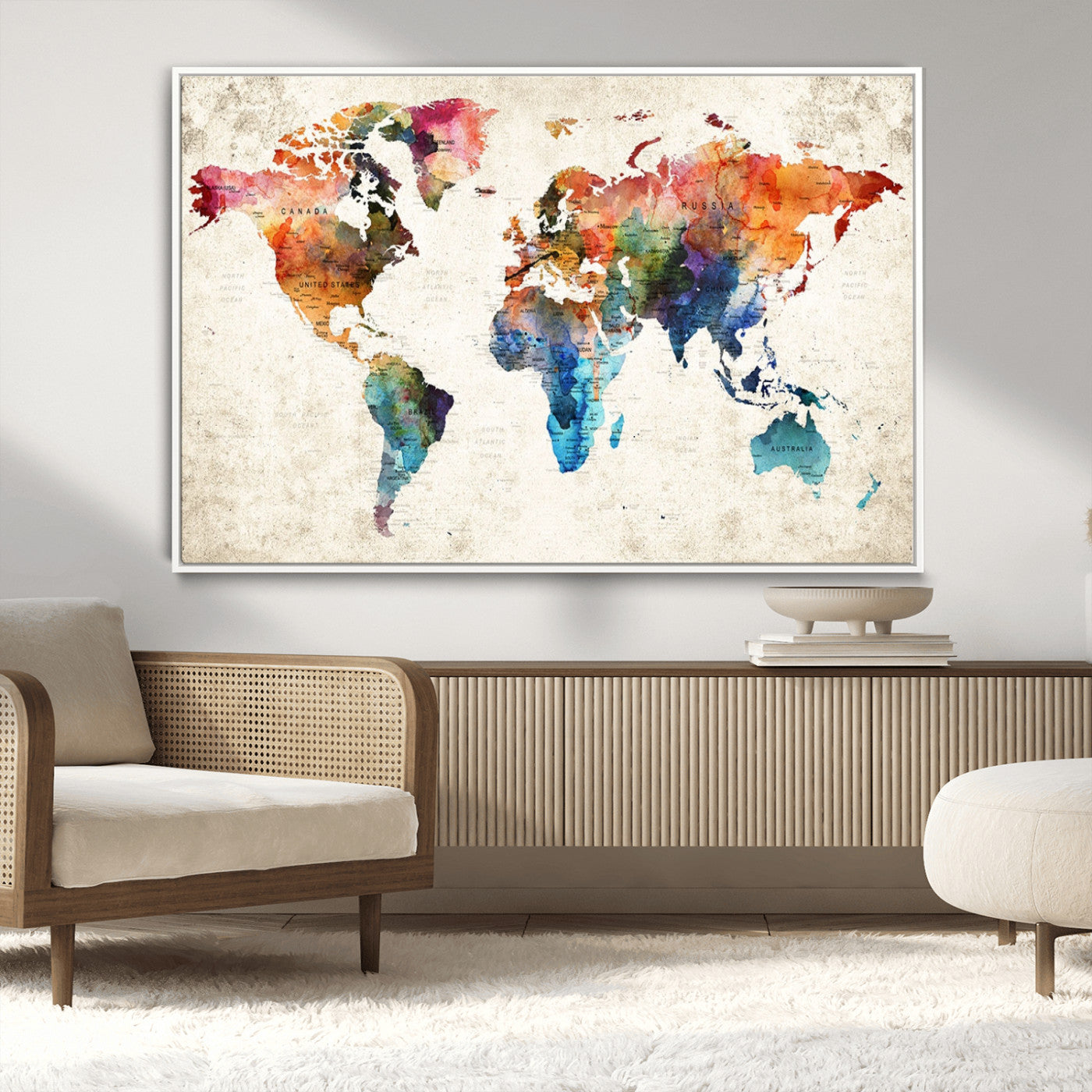 66549-MGV-CV-36X24-Colorful Watercolor World Map Canvas Wall Art – Framed Push Pin Travel Map for Home and Office Decor, Artistic Modern Wall Artwork